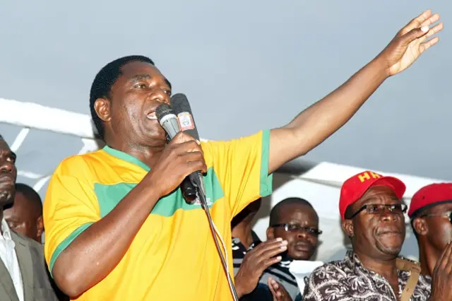 Hakainde Hichilema, leader of Zambias main opposition United Party for National Development (UPND), addresses supporters on January 18, 2015 at Woodlands Stadium in Lusaka ahead of the country's January 20 presidential election