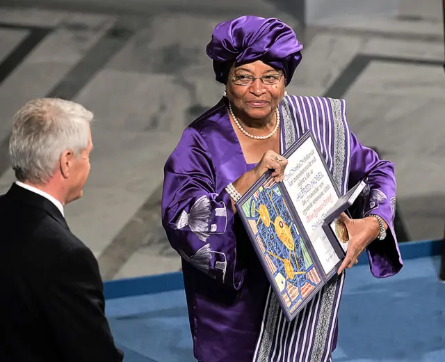 Ellen Johnson Sirleaf President of Liberia, one of three joint winners of the Nobel Peace Prize, during the Nobel Peace Prize Award ceremony at Oslo City Hall on December 10, 2011