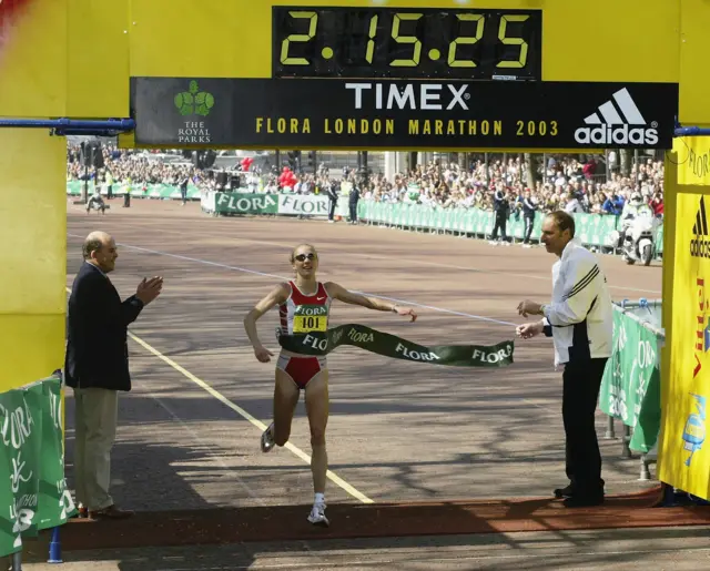 Paula Radcliffe crosses the finish line in the 2003 London Marathon