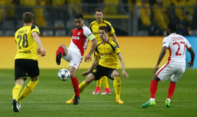 Monaco's Radamel Falcao in action with Borussia Dortmund's Julian Weigl