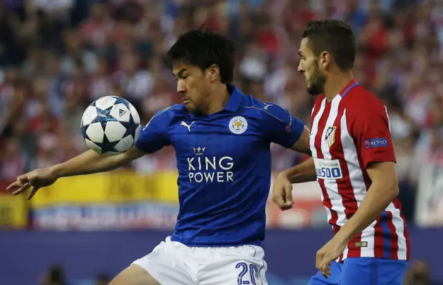 Leicester City's Shinji Okazaki in action with Atletico Madrid's Koke