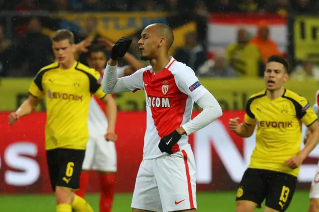 Monaco"s Fabinho looks dejected after missing a penalty