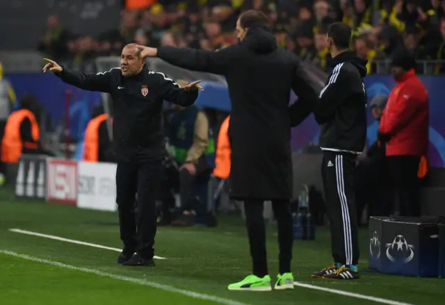 Monaco's coach Leonardo Jardim (L) and Dortmund's head coach Thomas Tuchel react on the sideline