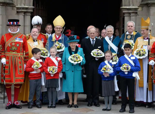 Queen Elizabeth II and the Duke of Edinburgh outside Leicester Cathedral after the Royal Maundy service.