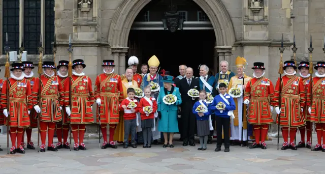 Queen Elizabeth II and the Duke of Edinburgh outside Leicester Cathedral after the Royal Maundy service.