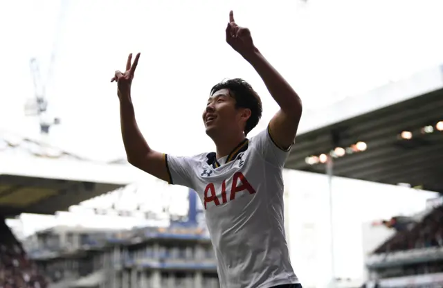 Heung-Min Son of Tottenham Hotspur celebrates