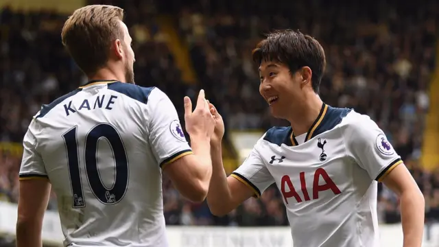 Heung-Min Son celebrates with Harry Kane