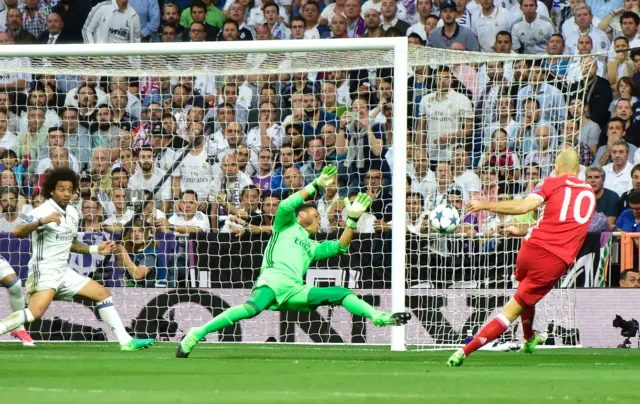 Arjen Robben hits the side netting