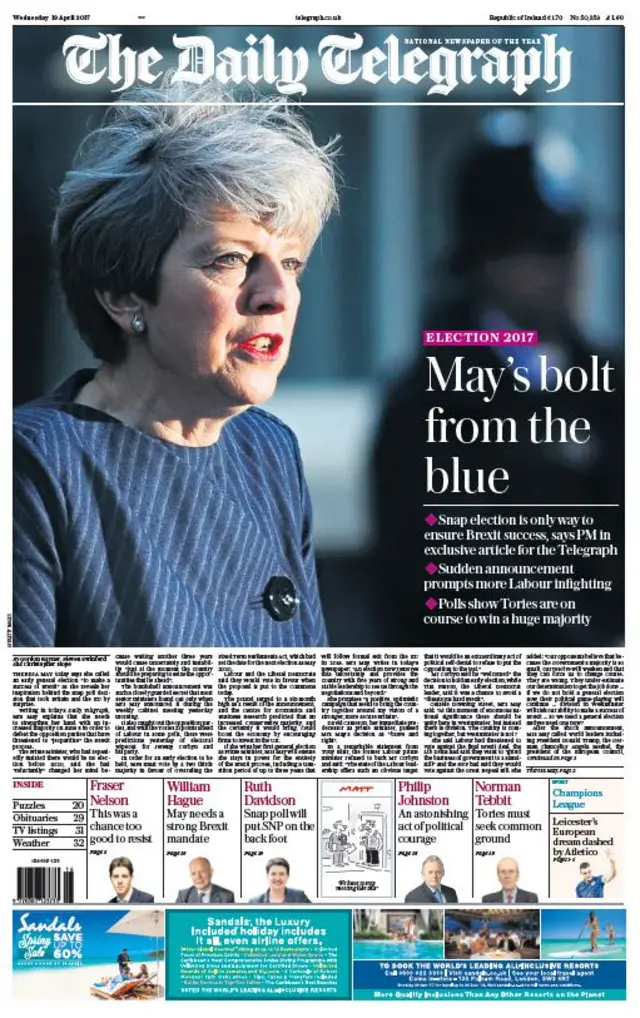 Daily Telegraph front - 19/4/17