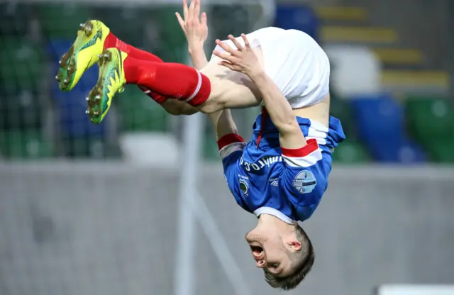 Linfield's Paul Smyth celebrates his goal against Glenavon