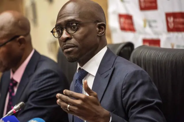 South African Finance Minister Malusi Gigaba talks to the media after a meeting with the former Finance Minister Pravin Gordhan