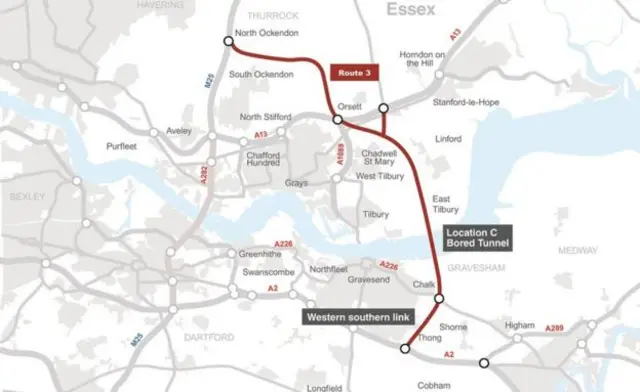 The chosen route for the Lower Thames Crossing