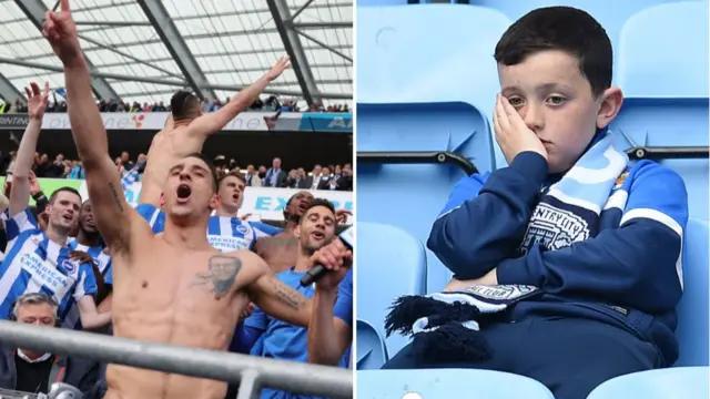 Brighton players celebrate, Coventry City fan sits dejected