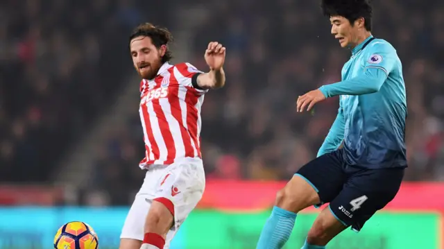 Joe Allen in action for Stoke City when played Swansea in October