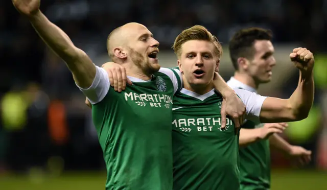 David Gray and Jason Cummings celebrate their Edinburgh derby victory in the Scottish Cup quarter-final replay