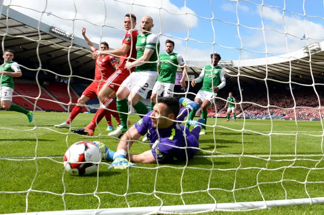 Hibs goalie Ofir Marciano is caught out at his near post by Ryan Christie's free-kick