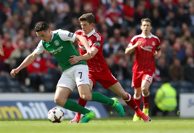 Hibernian"s John McGinn and Aberdeen"s Ryan Christie battle for possession