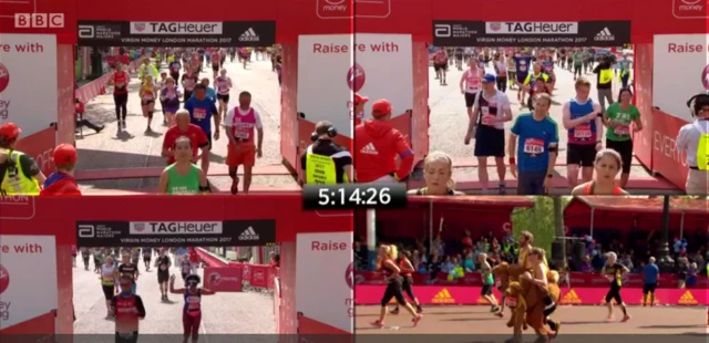 Runners crossing the London Marathon finish line