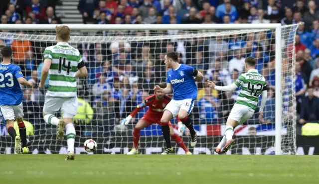 Callum McGregor strokes the ball into the Rangers net with a sublime finish