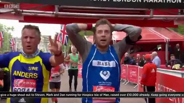 Match of the Day presenter Mark Chapman finishing the London Marathon