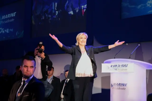 French presidential election candidate Marine Le Pen delivers a speech in Henin-Beaumont, 23 April 2017