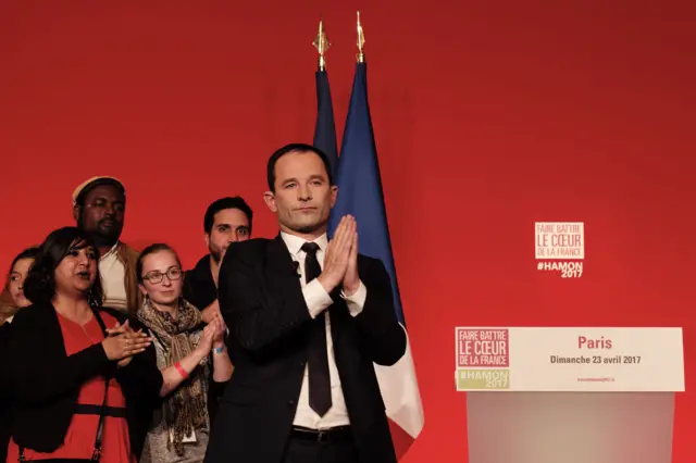 Benoît Hamon reacts after delivering a speech at the Maison de la Mutualite in Paris, on April 23, 2017