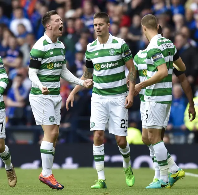 Callum McGregor celebrates scoring for Celtic against Rangers