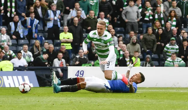 Leigh Griffiths is taken out of play by James Tavernier