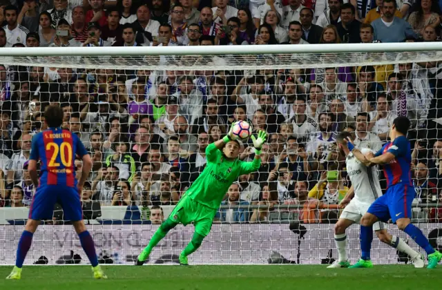 Navas of Real Madrid makes a save