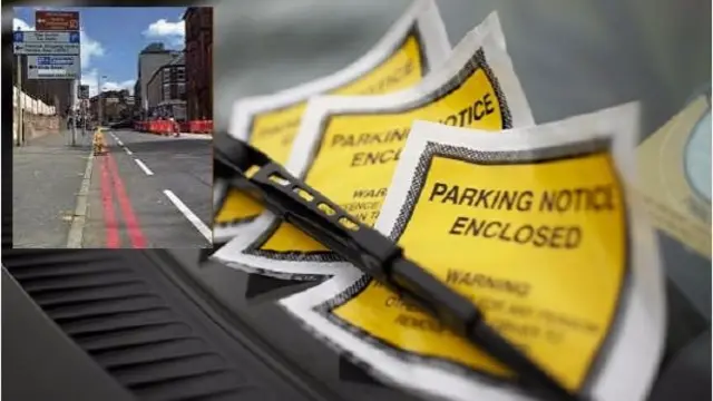 Parking notices on a windscreen and, inset, a red lined route in Stoke-on-Trent