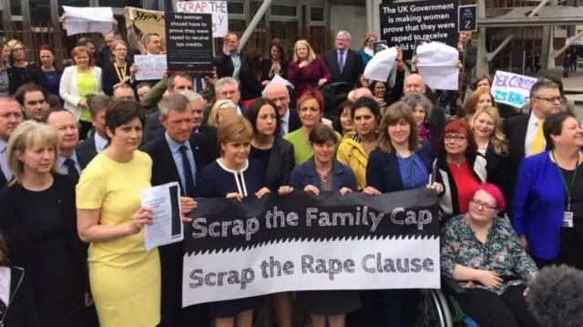 Following First Minister's Questions, Nicola Sturgeon, Willie Rennie and Kezia Dugdale joined other politicians and protestors against the so-called rape clause