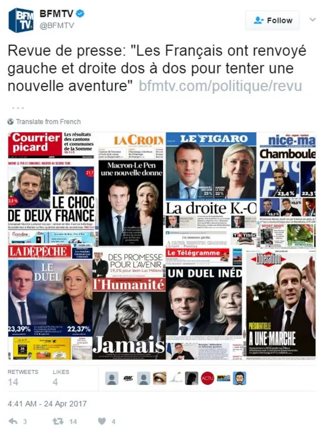 French newspaper front pages on Monday 24 April 2017