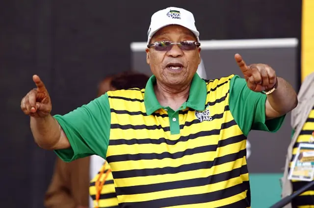 South African president and African National Congress (ANC)'s president Jacob Zuma sings and dances during the Party official launch of the Municipal Elections manifesto on April 16, 2016 in Port Elizabeth, South Africa