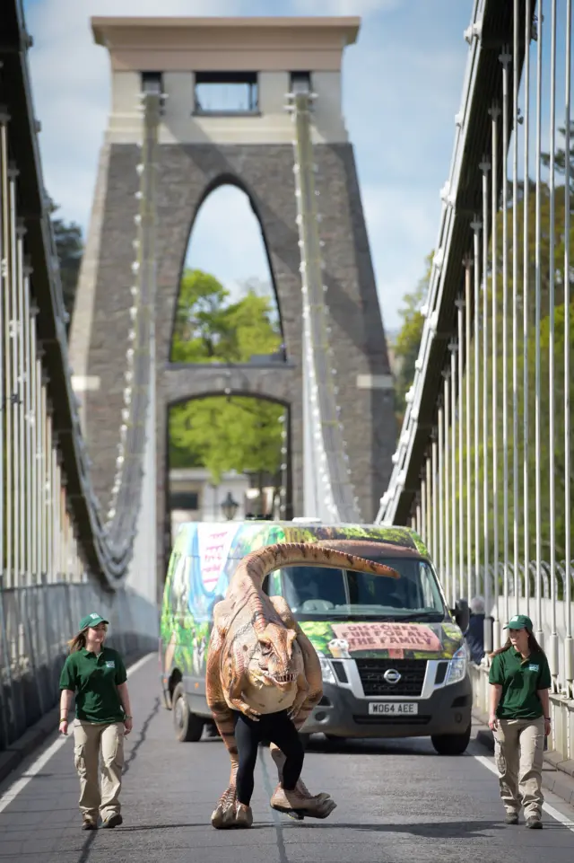 Dinosaur walking over the suspension bridge