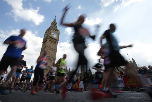 London Marathon runners pass the Houses of Parliament 2017