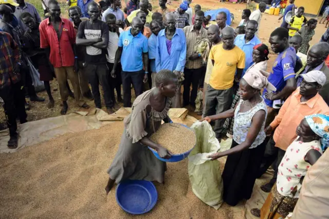 Newly arrived refugees from South Sudan receive a portion of sorghum at the Ngomoromo border post, in Ugandan side, on April 10, 2017