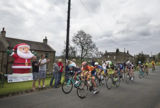 Competitors passes through Fearby during Woman"s Race from Tadcaster to Harrogate during Stage Two of the Tour de Yorkshire.