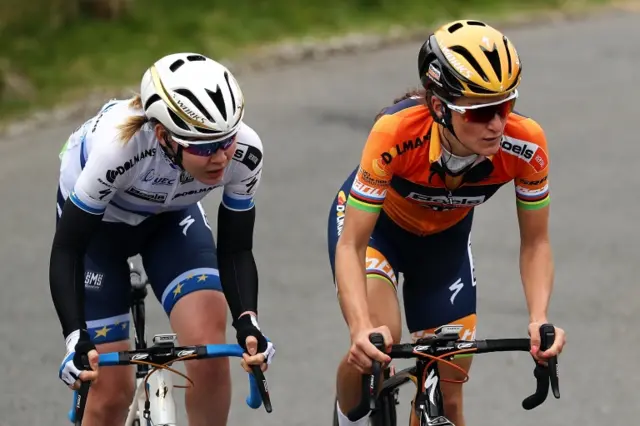 : Lizzie Deignan of Great Britain and the Boels Dolmans Cycling Team climbs the Cote Lofthouse during the Women"s Tour of Yorkshire on April 29, 2017