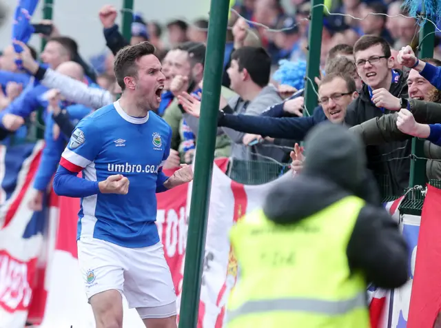 Linfield striker Andrew Waterworth celebrates scoring in the Solitude victory