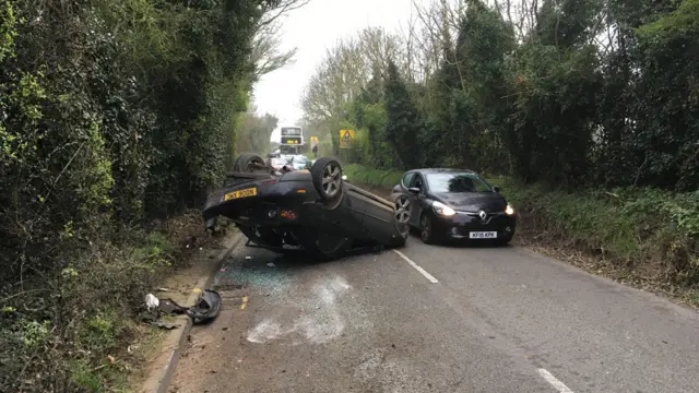 Overturned car between Freston and Holbrook