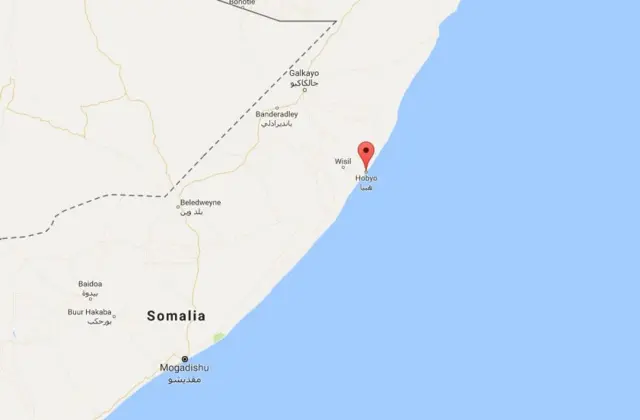 Map showing Hobyo up the coast from Mogadishu