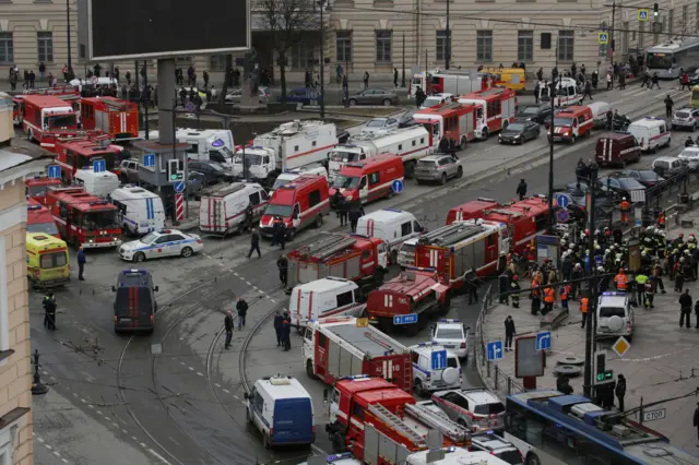 
          General view of emergency services attending the scene outside Sennaya Ploshchad metro station
        