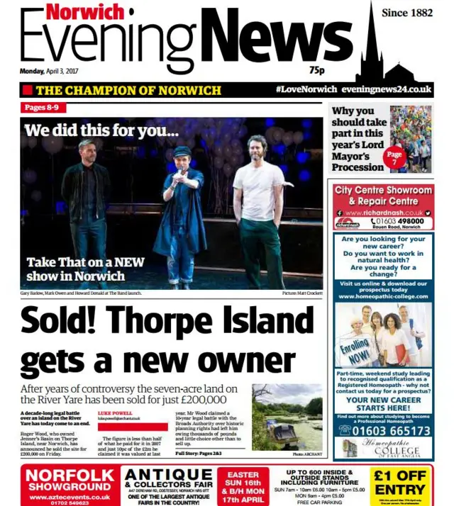 Front page of Norwich Evening News