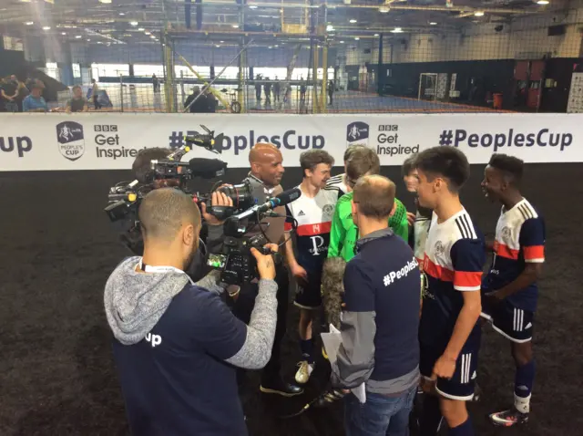 Sproatley speak to former professional Trevor Sinclair after winning FA People's Cup Under-14 Boys category on penalties