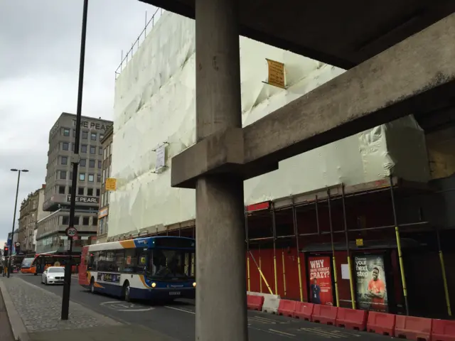 Scaffolding covering the front of the former cinema
