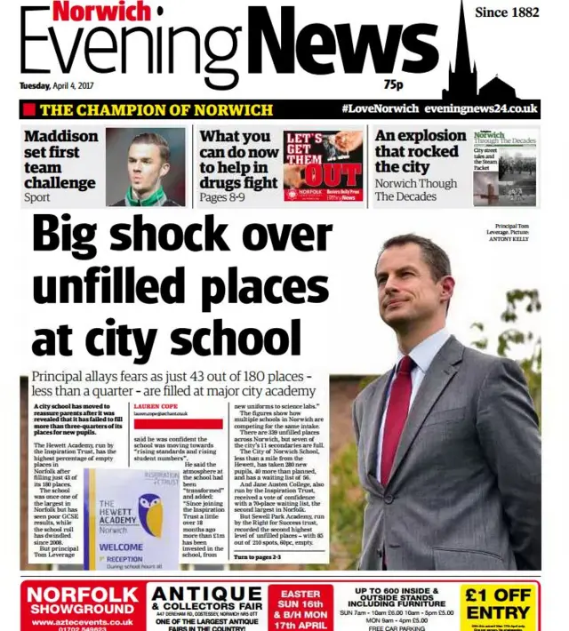 Front page of Norwich Evening News