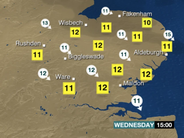 
          Weather chart for Wednesday 15:00 showing temperatures of 11C and 12C across the region
        