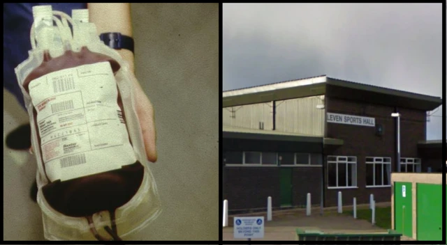 Blood donation bag and Leven Sports Hall