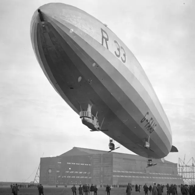 
          April 1925: British airship 'R33' leaving Pulham aerodrome, Norfolk.
        