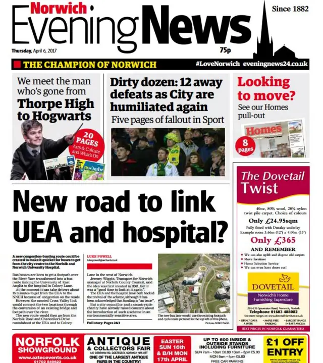 Front page of norwich evening news